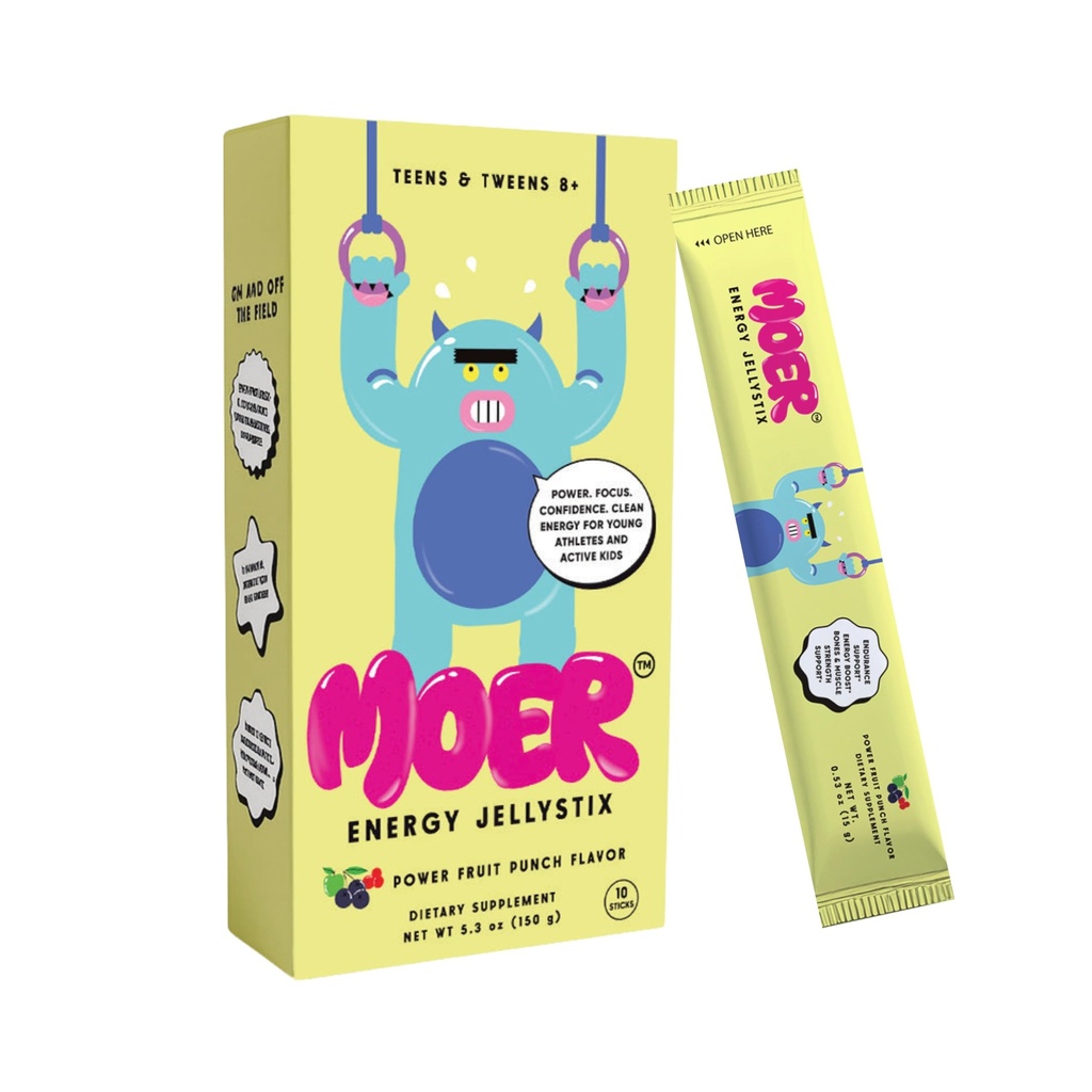 MOER Energy JellyStix Kids 8+ VIT B-Complex for Energy Boost VIT D for Bone & Muscle Support Black Currant + Cranberry for Endurance Support No Caffeine Gluten-Free Fruit Punch Flavor 10 Sticks
