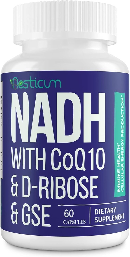 NADH 50 mg + CoQ10 200 mg + D-Ribose 150 mg Supplement, NAD+ Immune System, Cellular Energy, Focus, Azaltıd Nicotinamid Adenine Dinüotide, 60 Veggie Capsules