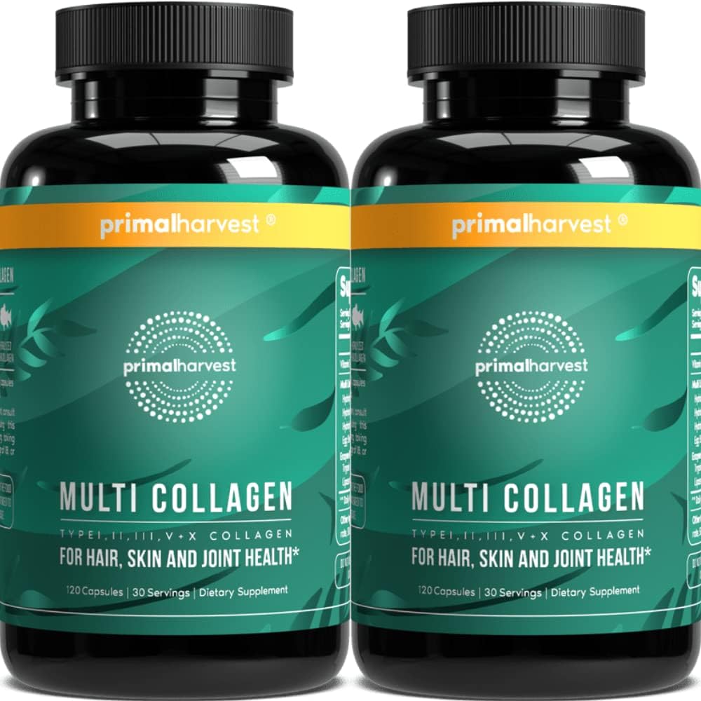 Primal Harvest 2 Pack, Multi Collagen Pills for Women and Men (Type I, II, III, V, X) Kadın ve Erkekler için Collagen Supplements /Vitamin C for Hair, Skin, Nails Collagen Pil Pills