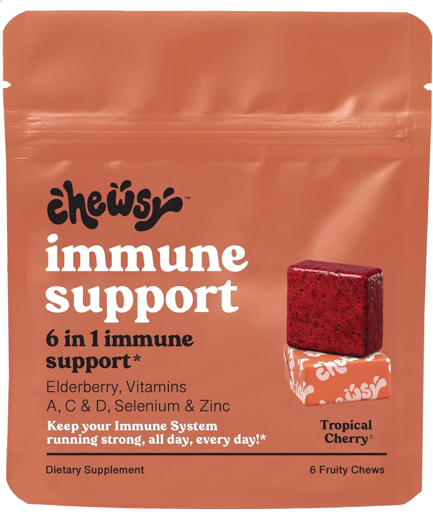 Chewsy - 6in-1 Immune Support Fruity Chews with Elderberry - C, A ve D, çinko ve Selenium - Bireysel olarak yuvarlandı - 6Day Supply