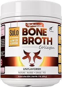 Solo Bone Broth protein Collagen Toz Low sodyum, 16g Hydrolyzed Collagen Type I & III, Sağlıklı Skin, Nails, Saç, Ortaklar ve Digestion, Grass Fed, 1 lb (Canister - Net Wt. 1 lb. Toz)