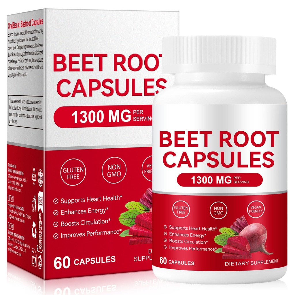 Organic Beet Root Capsules 1300mg Powder Aids Healthy Circulation & Vitality, Non-GMO, Gluten-Free, for Enhanced Energy, Stamina, 60 Capsules (1)