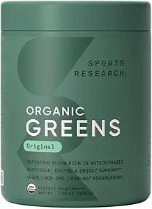 Sports Research® Organic Greens Superfood Toz w/Spirulina & Chlorella, Adaptogens, Enzymes, Probiyotiks & 8 VIT Bs for Gut & Mood Support* - Vegan, Sugar-Free & Low-Cal Original 20 hizmet