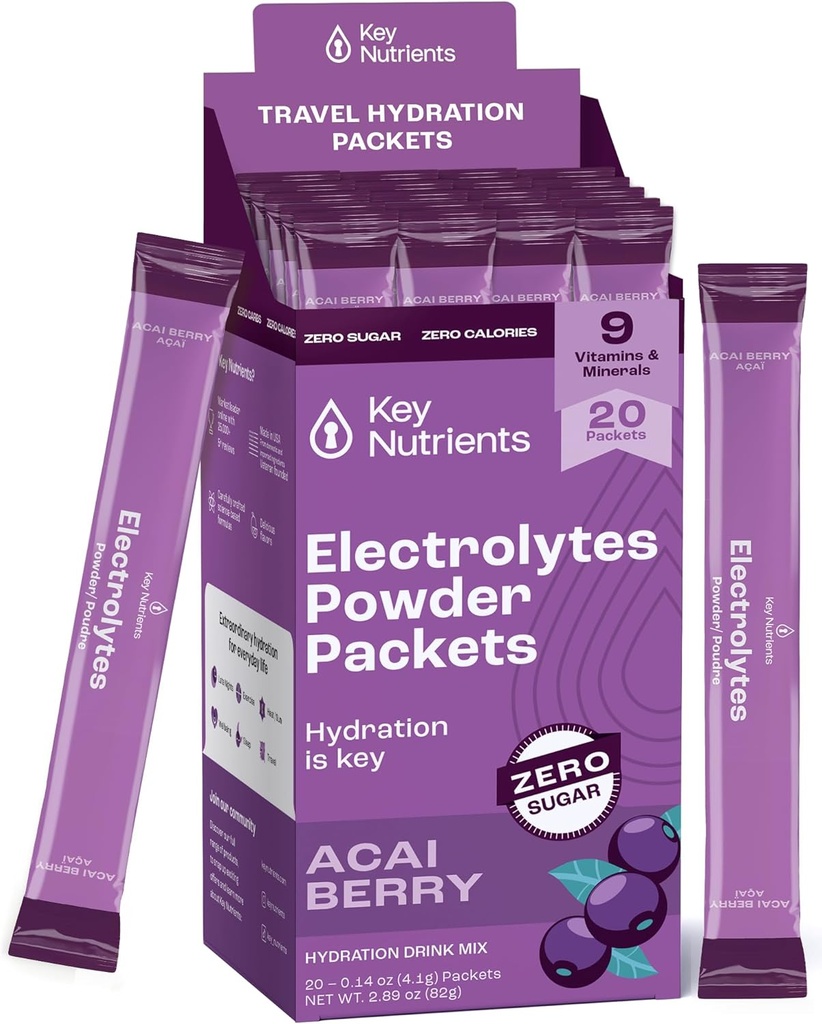 KEY NUTRIENTS Multivitamin Electrolytes Toz Paketleri - Lezzetli Acai Berry 20 Pack Hydration Packets - Travel Hydration Toz - No Sugar, No Calories, Gluten Free - Made in USA