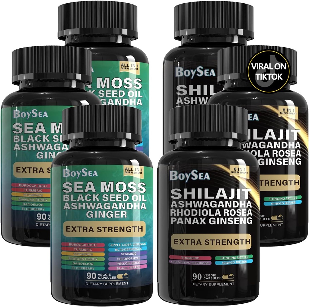 Boysea. Shilajit ve Sea Moss Sche- 90 Count - Sea Moss, Black Seed Oil, Ashwagandha, Ginger & Shilajit, Rhodiola Rosea, All in 1 Supplements (3 Adet)