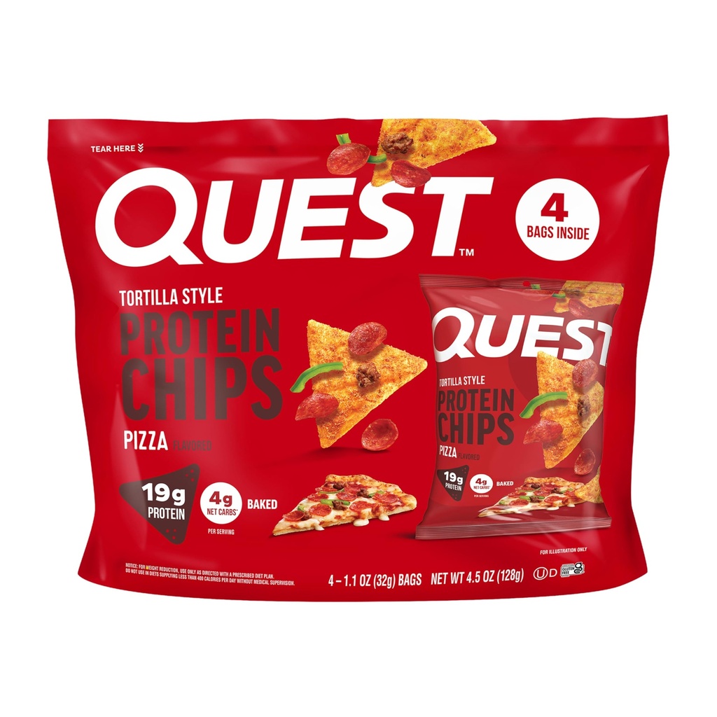Quest Nutrition Pizza Tortilla Style Protein Chips, 19g Protein, 4g Net Carbs, High Protein Snack, Low Carb, Gluten Free, 1.01 oz bags, 4 Count