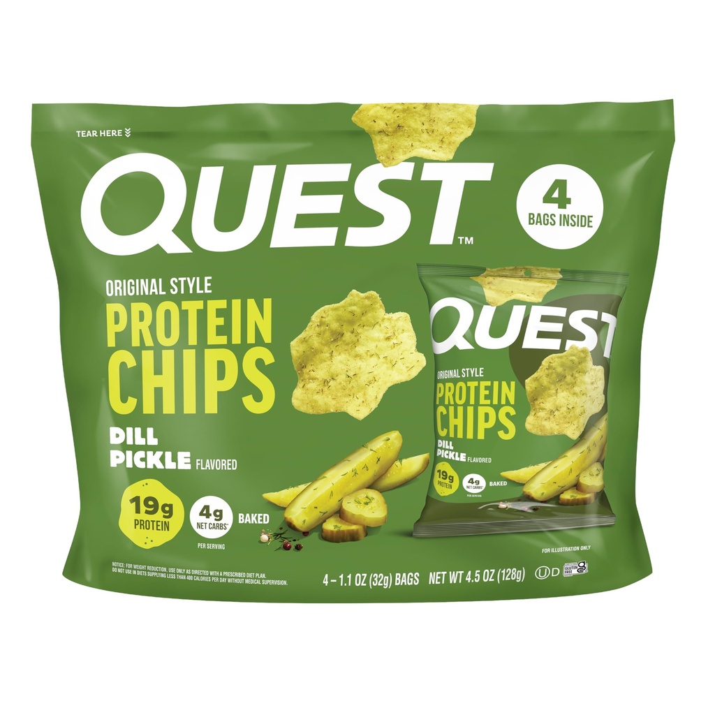 Quest Nutrition Dill Pickle Flavored Protein Chips, 19g Protein, 4g Net Carbs, Protein Snacks, Gluten Free, 4 Count