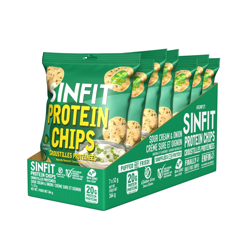 SinFit Protein Chips, 20g Protein/Bag, 50g-Bag, High Fiber, Low Carb, Gluten Free,7/box (7 Bags, Sour Cream & Onion)