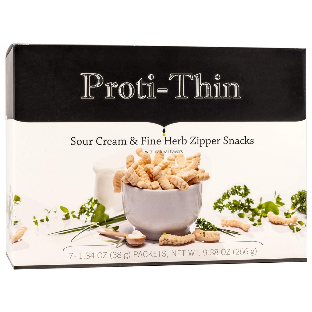 Proti-Thin High Protein Sour Cream & Fine Herb Zipper Snacks, 15g Protein, Low Calorie, Low Fat, Low Sugar, Gluten Free, Aspartame Free, Ideal Protein Compatible, Crunchy Diet Snack, 7 Count Box