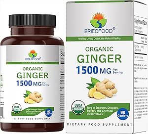 Brieofood Organic Ginger 1500 mg, 45 Hizmet, Vegetarian, Gluten Free, 90 Vegetarian Tablets