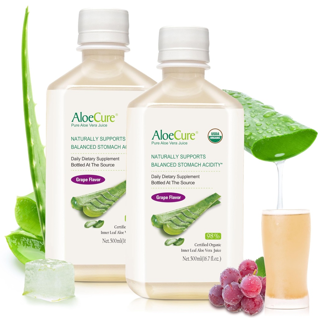 AloeCure USDA Organik Aloe Vera Juice Grape Flavor, 12 Hours of Harvest - Pure Aloe Vera Digestive & Immune Health Supplement, Helps maintain Balanced Stomach Acid, 16.7oz x 2 Btls