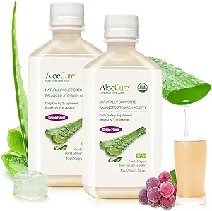 AloeCure USDA Organic Aloe Vera Juice Grape Flavor, Made Μέσα σε 12 ώρες από τη συγκομιδή - Pure Aloe Vera Digestive & Immune Health Supplement, Βοηθά στη διατήρηση της ισορροπημένης οξύτητας στο στομάχι, 16,7oz x 2 Btls
