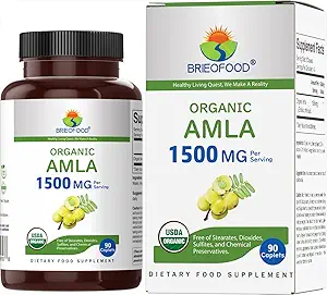 Brieofood Organic Amla 1500 mg, 45 Hizmet, Vegetarian, Gluten Free, 90 Vegetarian Tablets