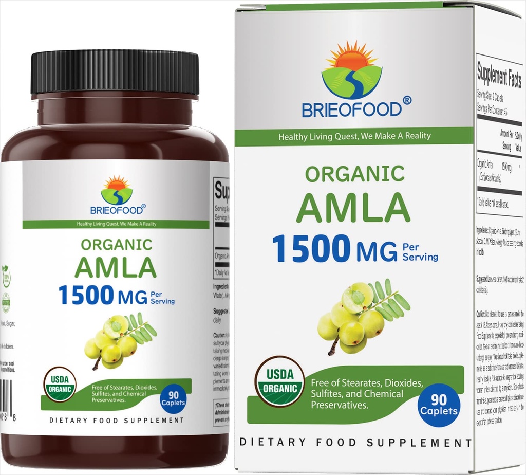 Brieofood Organic Amla 1500 mg, 45 Hizmet, Vegetarian, Gluten Free, 90 Vegetarian Tablets