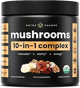 NutraChamps Organik Mushroom Toz - 10in-1 Kompleks - Mushroom Supplement Toz Mix for Memory, Focus & Immune Support - 8oz (8.0 OZ, Mushroom Mix)
