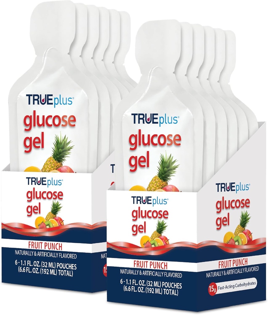 TRUEplus Glucose Gel Pouch, Fruit Punch Flavor, 15g Fast-Acting Carbohidrats, Fat Free, Gluten Free, Quick Support for Low Blood Sugar and Energy, 12 Pack