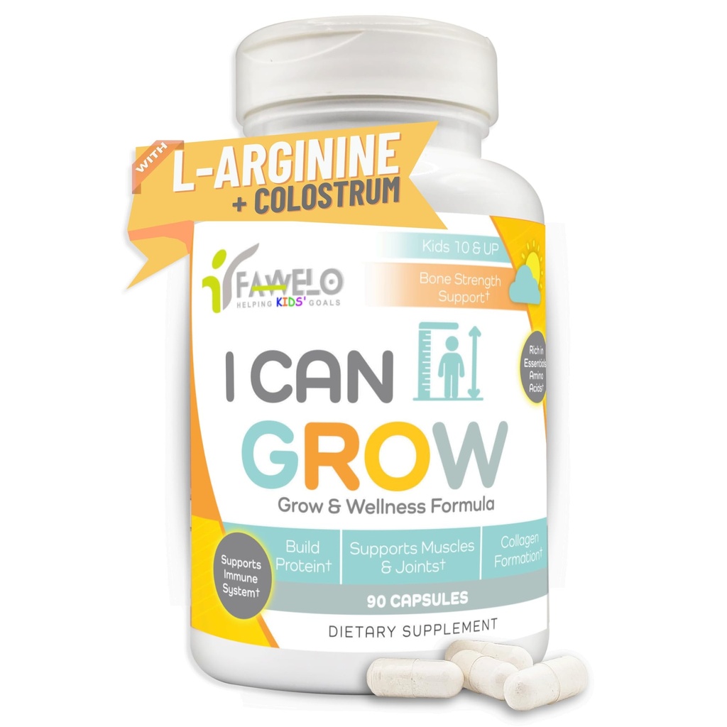 I Can Grow Day-Time for Kids 10+ & Teens | Growth & Development Support with L-Arginine, Colostrum, Calcium, D3, Magnesium, Zinc | Bone Strength, Focus | 90 Capsules