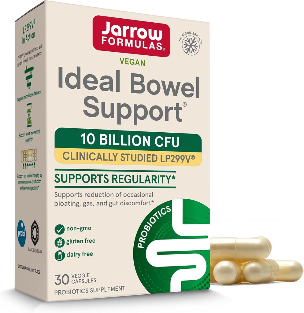 Jarrow Formulas Ideal Bowel Support - 10 δισεκατομμύρια CFU ανά υπηρεσία - Bowel Support - Μειώνει το Μπλόξιμο, το Αέριο & την Εντερική Δυσφορία - Μέχρι 30 Σερβίρει (Veggie Caps)