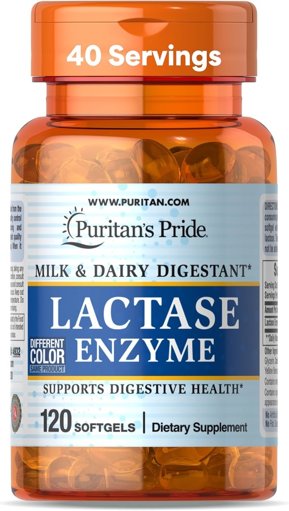 Puritan's Pride Lactase Enzyme, Milk and Dairy Digestant, Dietary Supplement Support for Digestion, and Cellular Energy Support, 40 Day Supply, 120 Softgels