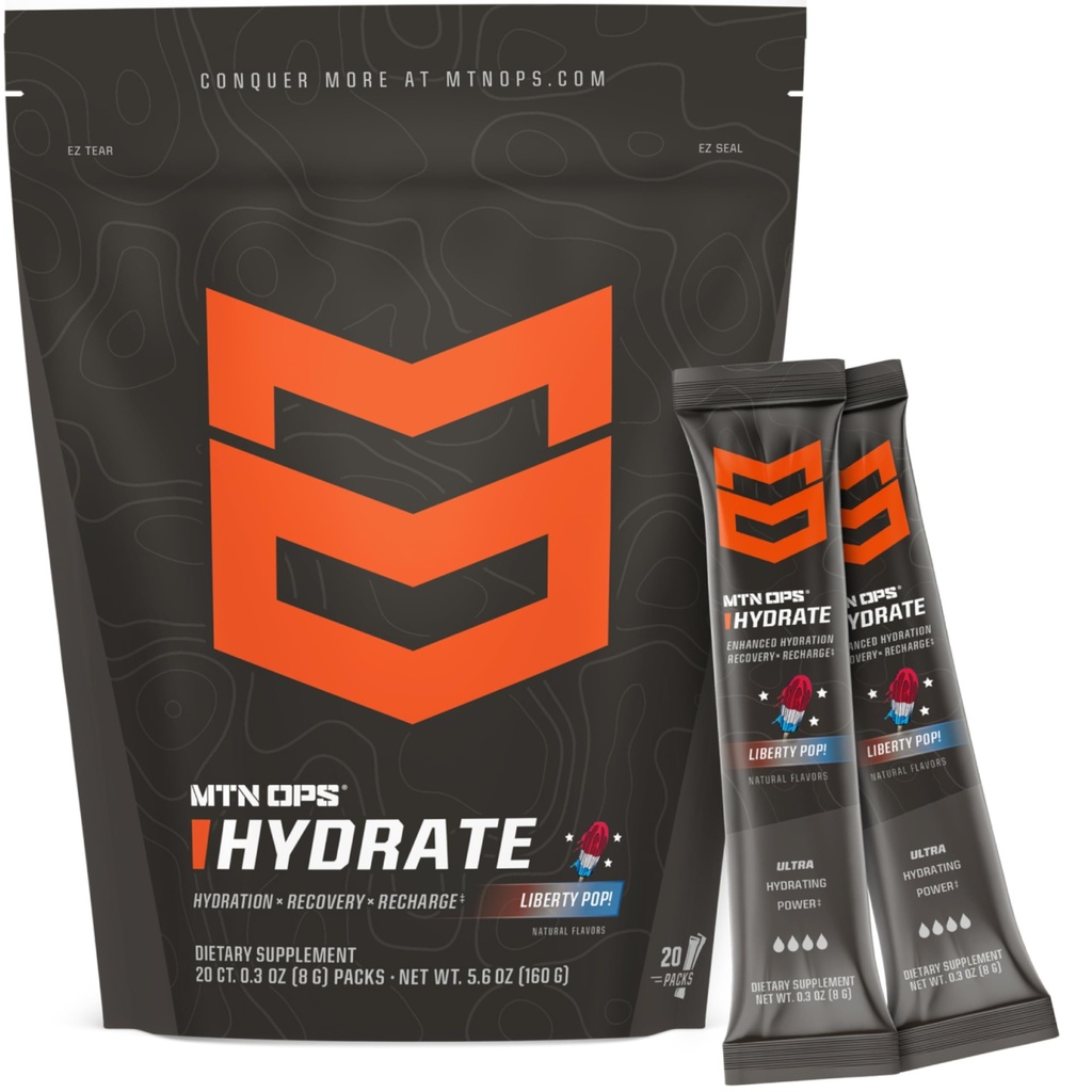 MTN OPS Hydrate Low Sugar Electrolyte Powder Drink Mix with 1g D-Ribose Sugar, 1000mg Electrolytes, On-The-Go Packs, 20 Stick Packs, Liberty Pop
