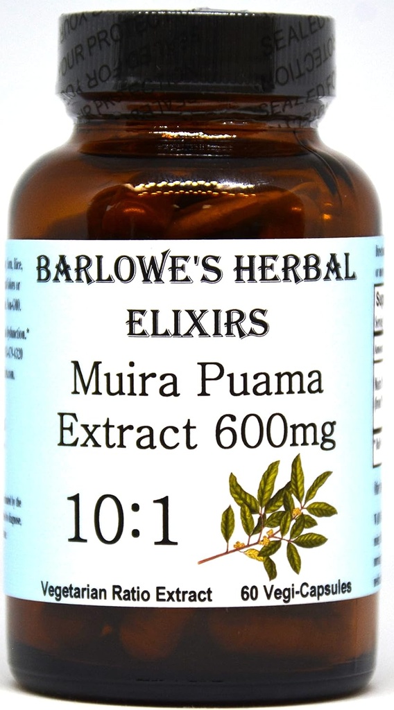 Barlowe's Herbal Elixirs Muira Puama 10:1 Extract | 600mg Per Capsule | Traditional Male Vitality Supplement | 60 Vegan Capsules | Stearate-Free, Non-GMO, Packaged in Glass Bottle