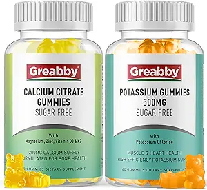 Potasyum Gummies & Steel Citrate Gummies, Sugar-Free, Pids Chloride 500 mg, Kalsiyum Citrate 1200 mg, Bone & Muscle Health
