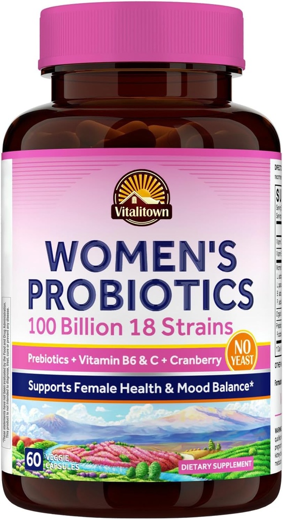 Vitalitown Women's Probiyotiks | 100 Milyar CFUs 18 Strains | Prebiyotikler, VC & B6, Cranberry | Raf Stable | Vaginal, Urinary, Digestive & Mood Support | 60 Vegan Caps