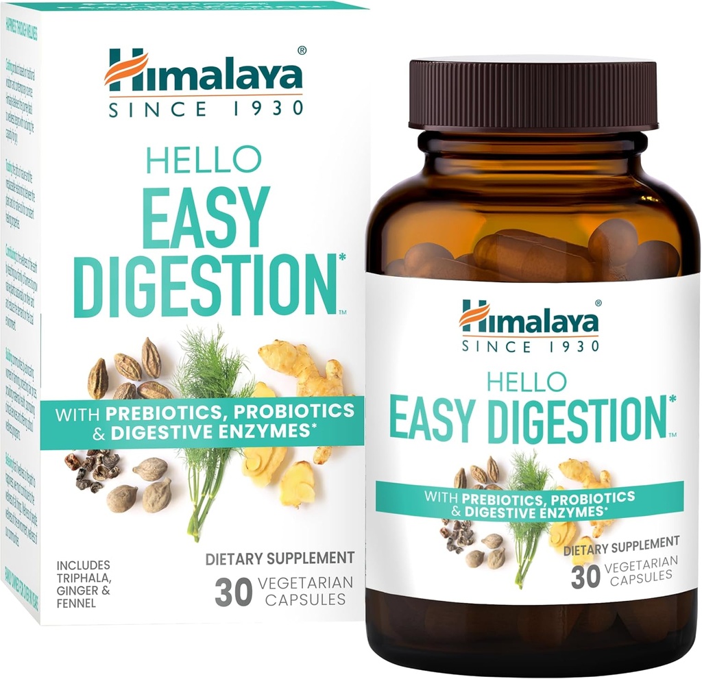 Himalaya Hello Easyes Digestion, Digestive Enzymes with 2 Milyar CFU Probiyotiks and Prebiyotiks, Plus 100 mg Herbal Digestive Support with Ginger, Fennel & Triphala, 30 Vegetarian Capsules