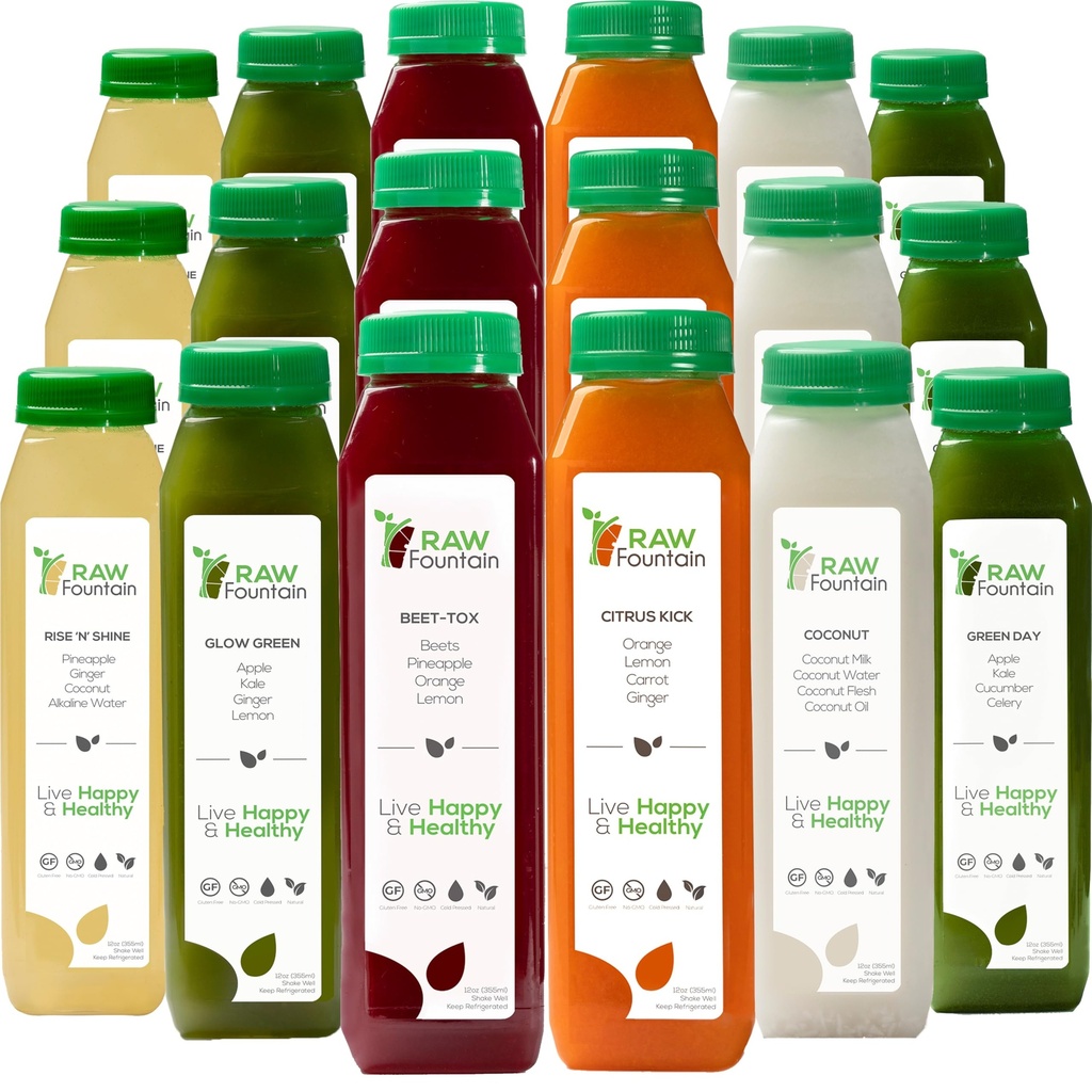 5 Day Juice, Raw Fountain, All Natural Raw Detox Cleanse, Body Rest için Juicing, Cold Pressed Juice Fast, Great Way to Jumpstart a Healthier, Diyet 30 Şişe 12oz, 5 Ginger Shots