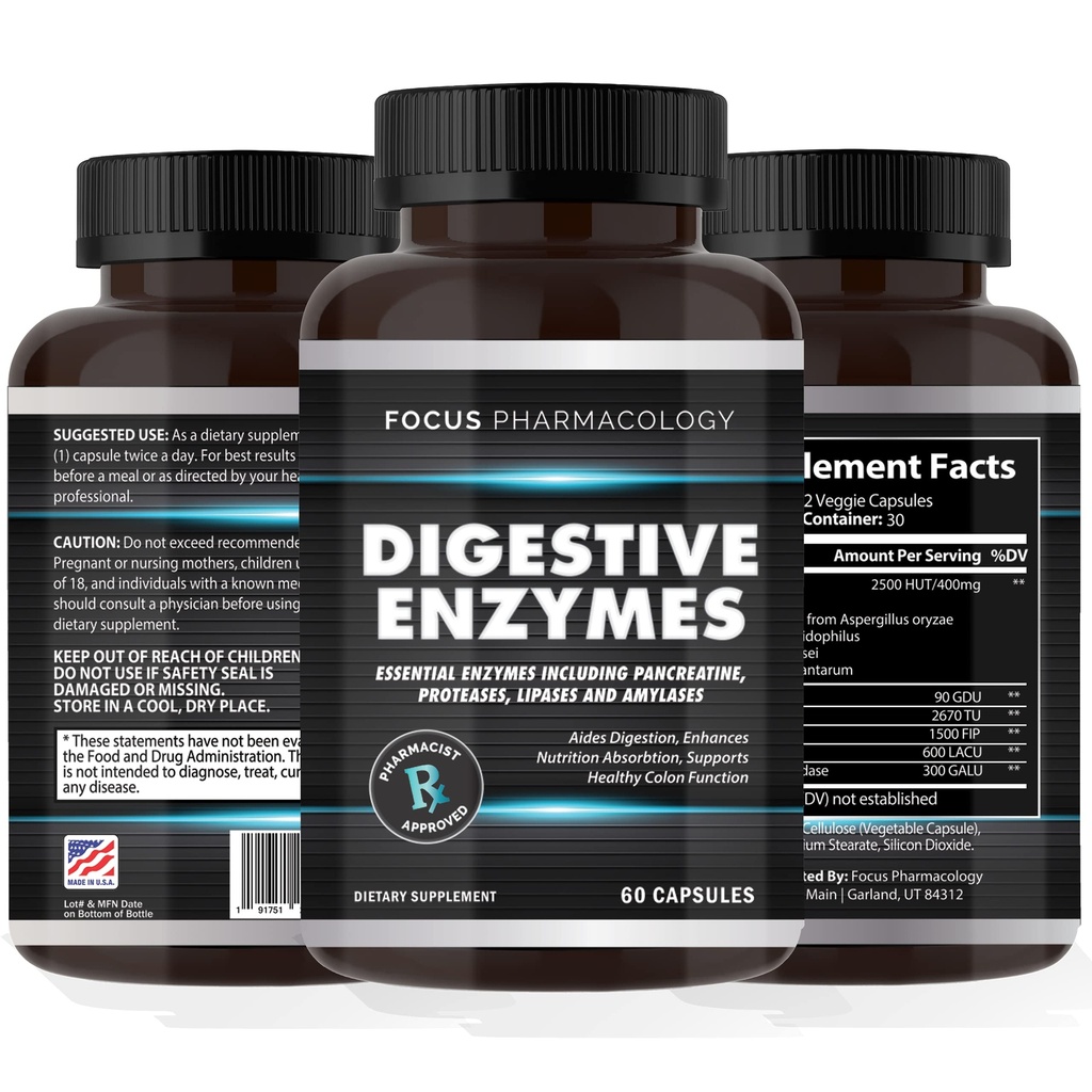 Digestive Enzymes and Priobiotics Blend - 60 Ct Protease, Lipase, Lactase, Galactosidase, Acidophilus, Casei, Plantarum