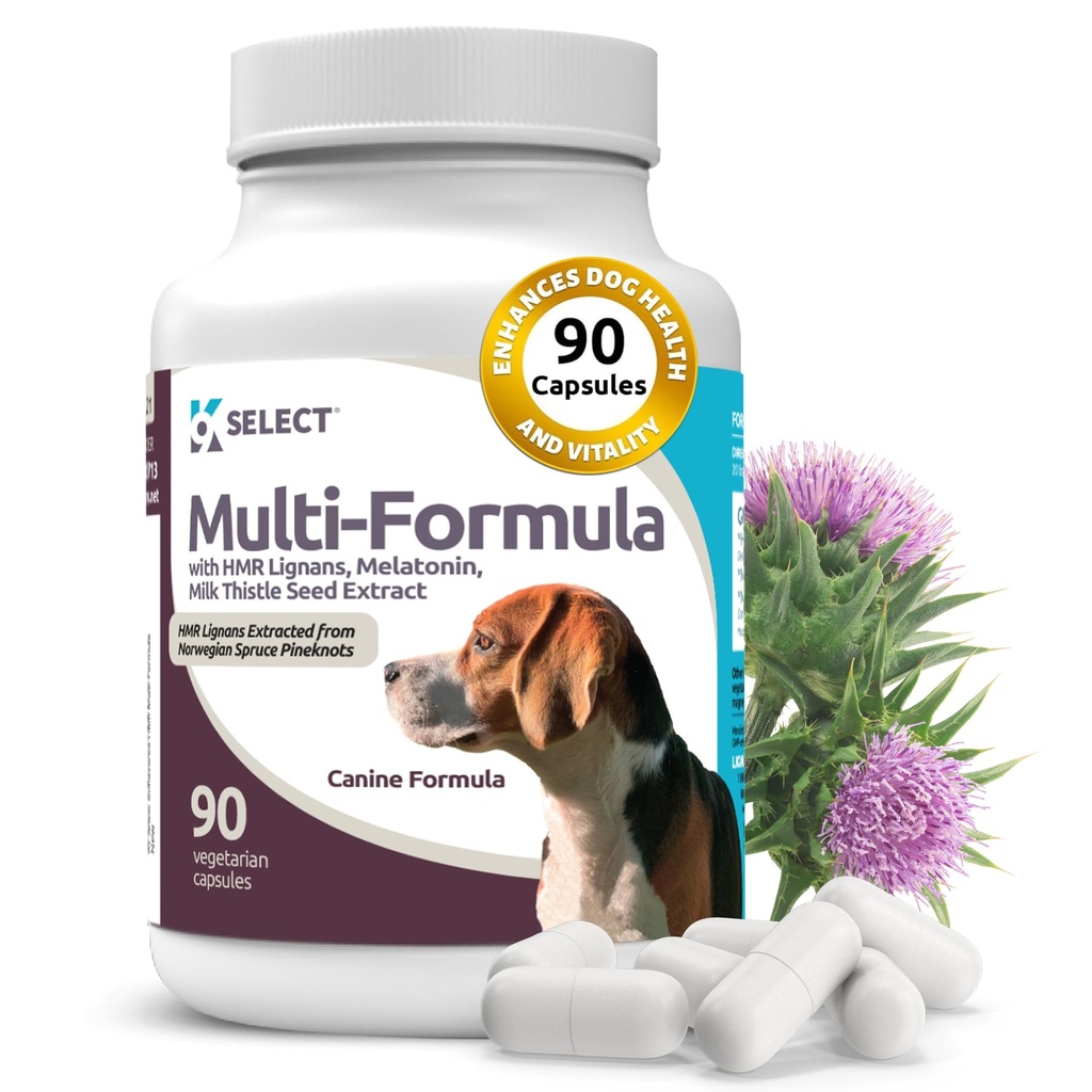 K9 Orta Köpekler için Multi-Formula Köpek Vitaminleri Seç - 20 mg HMR Lignans, 2 mg Melatonin, 40 mg Süt Butle - Kalp Yardımı, Liver, Digestion & Coat Health, Dog Multivitamin, 90 Capsules