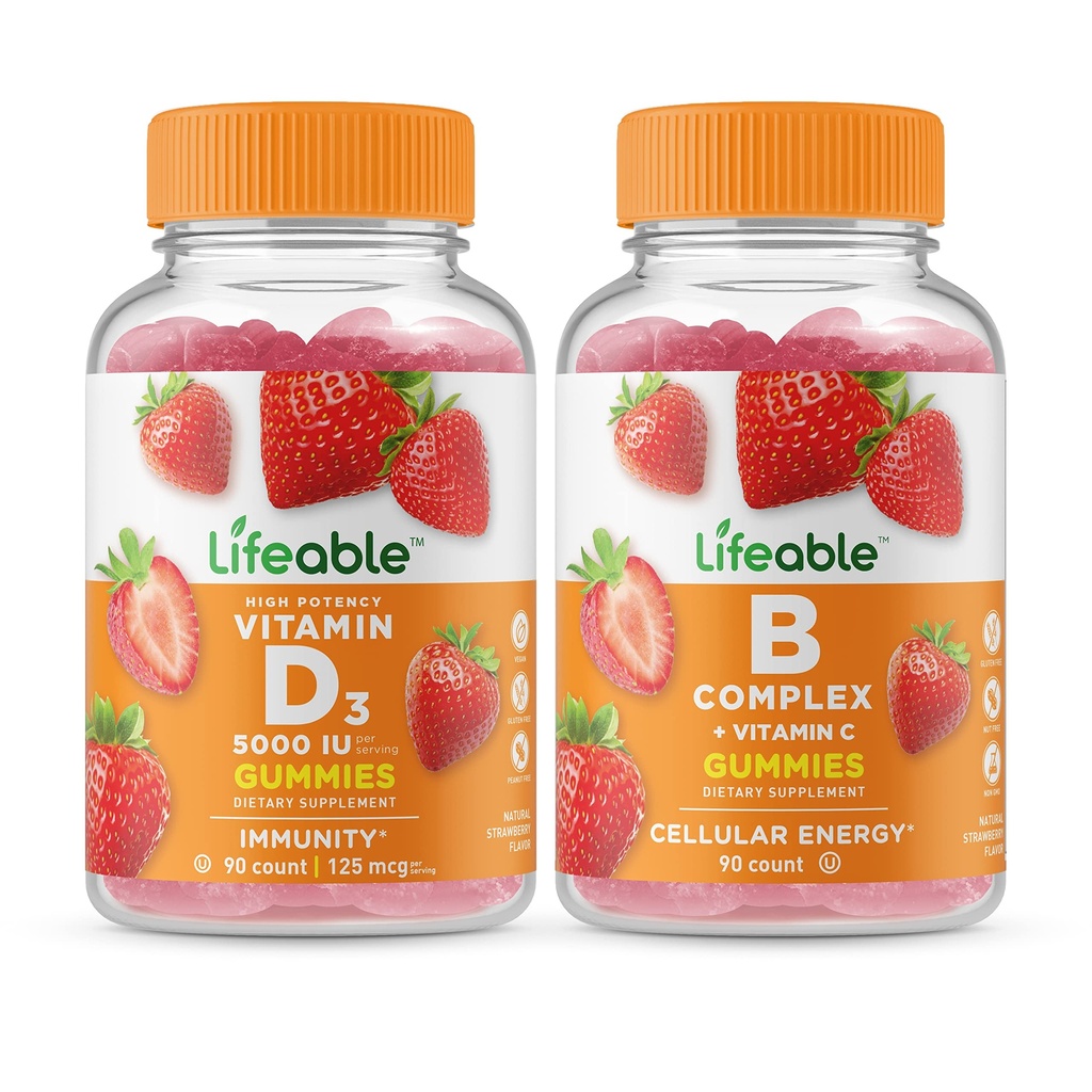 Lifeable Vitamin D 5000 IU + B Kompleksi, Gummies Sche - Great Tasting, Vitamin Supplement, Gluten Free, GMO Free, Chewable Gummy