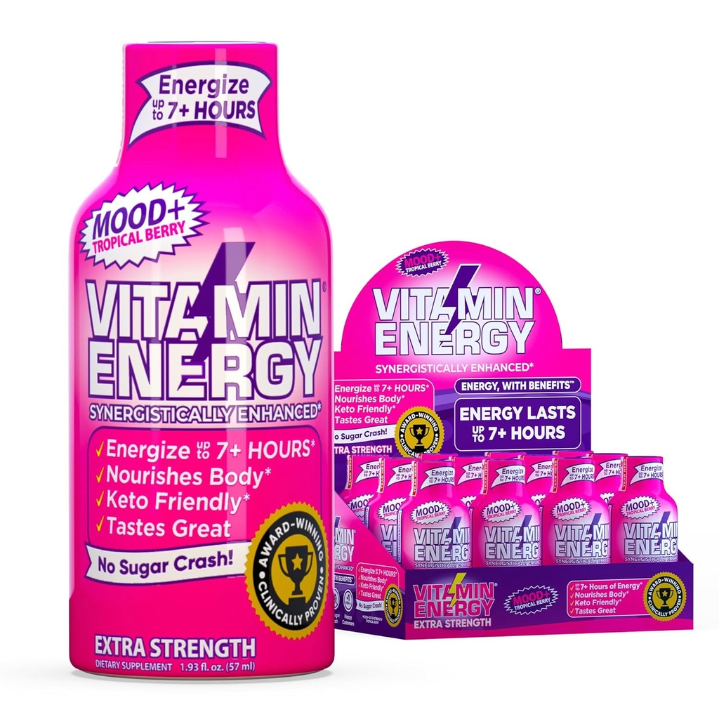 Vitamin Energy Mood+ Extra Strength Energy Shot Tropical Berry 12 Pack, 260mg Natural Caffeine, B-Vitamins, Rhodiola, Χαμομήλι, Mood & Energy Support, Zero Sugar, Gluten-Free, Vegan, 1.93 fl oz