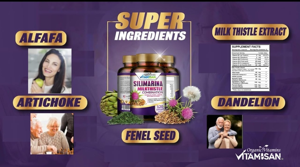 VITAMISAN Milk Thittle silimarina με Dandelion, Φενέλ. Licorice, Artichoke Alfalfa Detox & Cleansing Formula Υποστήριξη ήπατος 120 κάψουλες