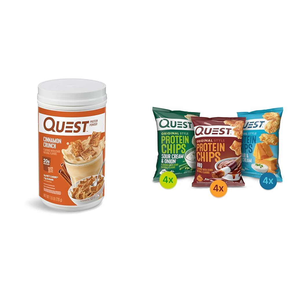 Quest Cinnamon Crunch Protein Powder 24 Servings, Protein Chips Variety Pack (BBQ, Cheddar & Sour Cream, Sour Cream & Onion) 12 Count