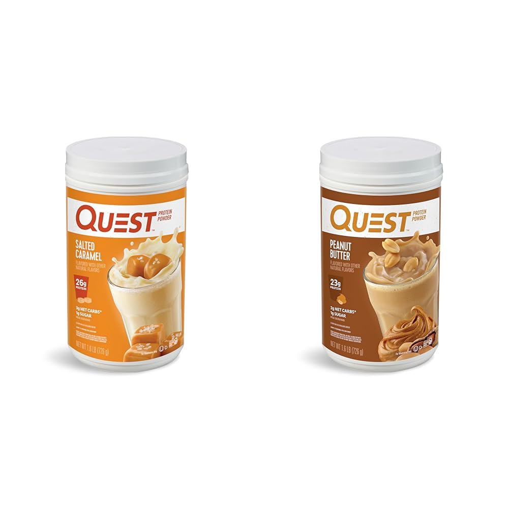 Quest Nutrition Salted Caramel Protein Powder; 26g Protein; 1g Sugar; Low Carb; Gluten Free; 1.6 Pounds; 24 Servings & Peanut Butter Protein Powder, 23g Protein, 1g Sugar, Low Carb, Gluten Free