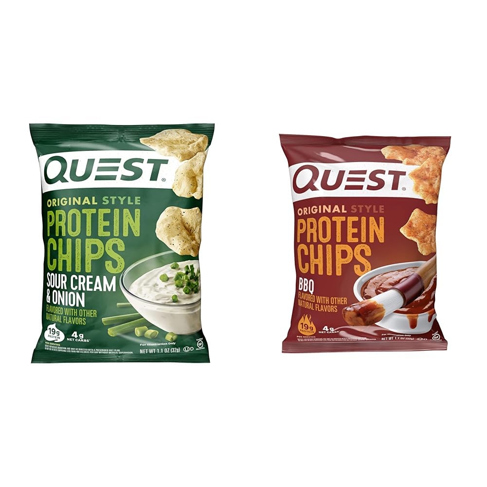 Quest Nutrition Protein Chips, Sour Cream & Onion, High Protein, Low Carb, Pack of 12 & Protein Chips, BBQ, High Protein, Low Carb, 1.1 Ounce (Pack of 12)