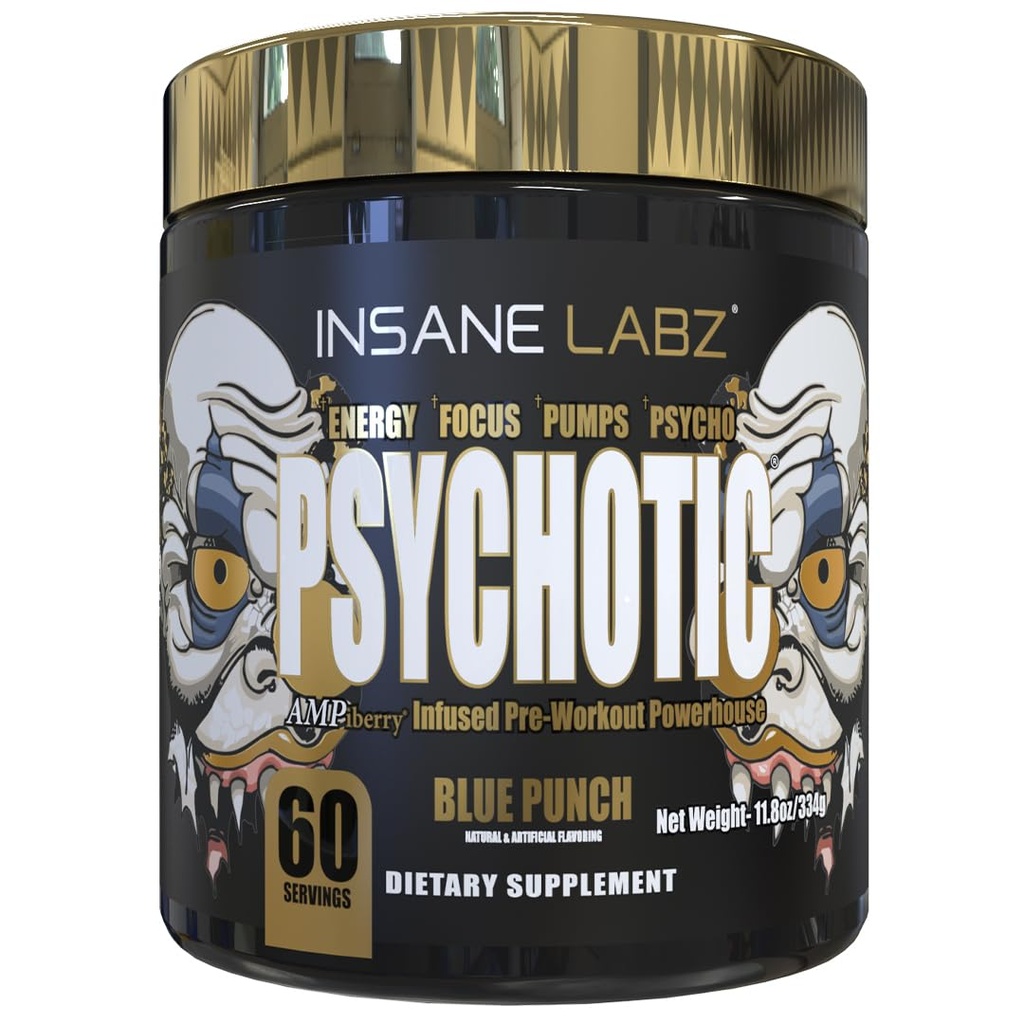 Insane Labz Psychotic Gold, High Stimulant Pre Workout Toz, Extreme Lasting Energy Focus, Pumps and Endurance with Beta Alanine, DMAE Bitartrate, NO Branson (60 Hizmet, Blue Punch)