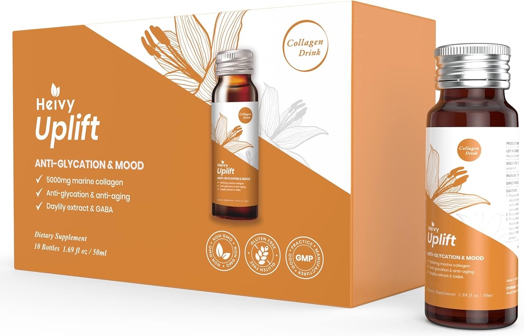 Heivy Liquid Collagen Supplement, Collagen Drink, Collagen Peptides, Age-Defying and Brighten Up Your Day, Ageless Beauty, Hydrolyzed Collagen, with CoQ10, 1,69 fl.oz./Bottle (1 κουτί,10 μπουκάλια)