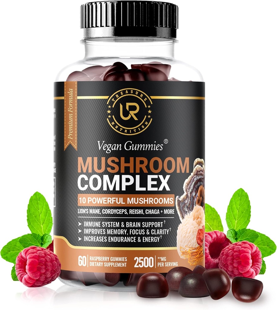 Mushroom Gummies | 10 Mushroom Supplement - 2500 mg - Türkiye Tail, Chaga, Reishi, Cordyceps & Lions Mane Organik Mushroom Ekstraksiyonları, Nootropic Brain ATM For Focus, Memory, Clarity, Energy | 60ct