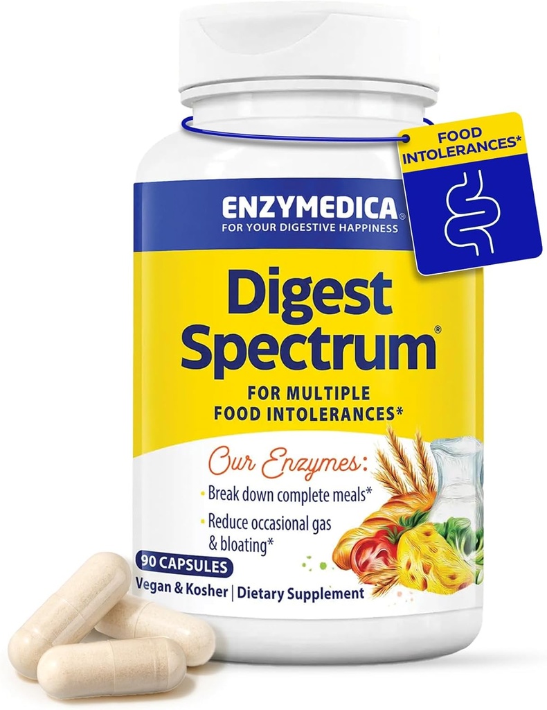 Enzymedica Digest Spectrum, Advanced Digestive Enzymes for Women and Men, υποστηρίζει την πέψη και πολλαπλές δυσανεξία τροφίμων, ταχείας δράσης Formula for Gas and Bloating Relief, 90 κάψουλες
