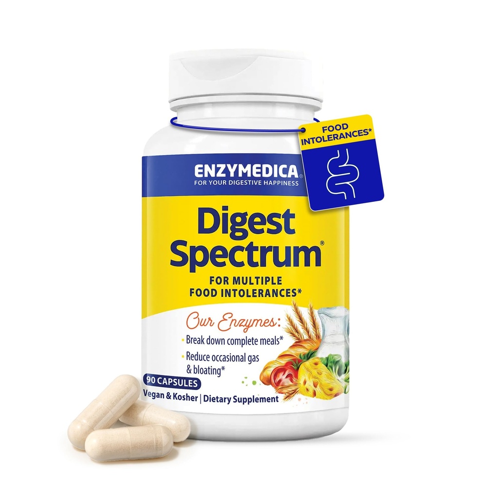 Enzymedica Digest Spectrum, Kadınlar ve Erkekler için Gelişmiş Digestive Enzymes, Destekler Digestion and multiple Food intolerances, Fast-Acting Formula for Gas and Bloating Relief, 90 Capsules