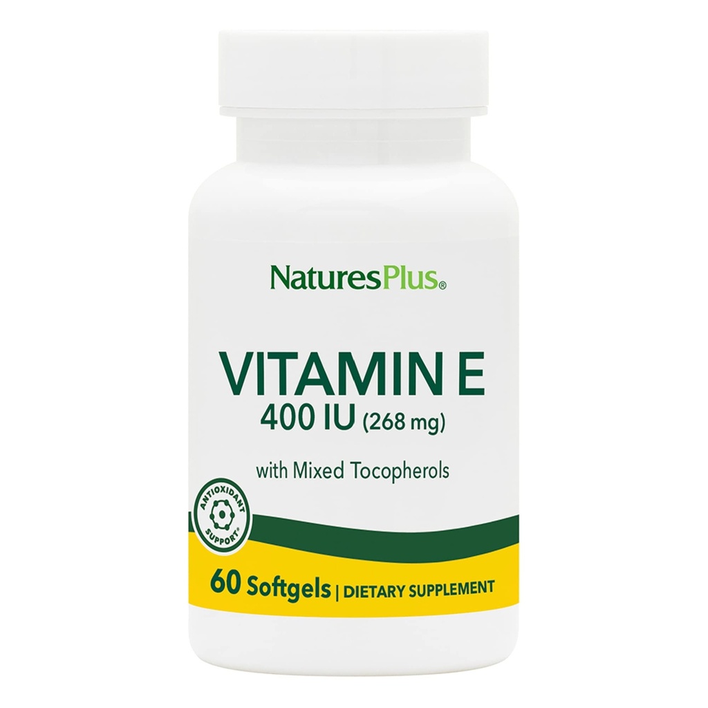 NaturesPlus Vitamin E - 400 iu Karma D-Tocopherol, 60 Softgels - Natural Soybean Oil - Free-Radical Defense - Gluten-Free - 60 Servisler