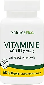 NaturesPlus Βιταμίνη Ε - 400 iu Μικτή D-Τοκοφερόλη, 60 Softgels - Εύκολο στην κατάποση συμπλήρωμα βιταμίνης Ε, που προέρχεται από το φυσικό λάδι σόγιας - Ελεύθερη Ραδινική Άμυνα - Χωρίς γλουτένη - 60 Σερβιέτες