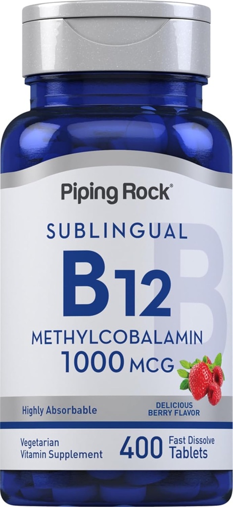 Piping Rock Vitamin B12 Sublingual Tabletleri | 1000 mcg | 400 Pills | Metrobalamin Supplement for Women and Men | Berry Flavor | Vegetarian, Non-GMO, Gluten Free