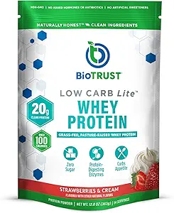 BioTrust Low Carb Lite, 20 Grams of Grass-Fed Whey Protein Isolate, 100 Calories, ProHydrolase Digestive Enzymes, Non-GMO, Free from Soy and Gluten, rBGH-Free (14 hizmet) (Strawberries and Cream)