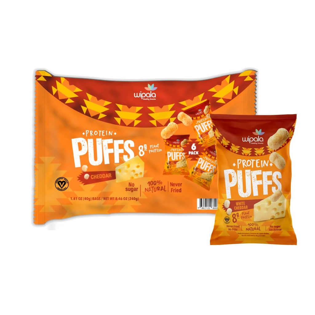 Wipala Snacks Protein Puffs | 8 Grams of Protein per bag | Certified Vegan | 6 Pack | NON GMO | Gluten Free | (Cheddar Cheese)