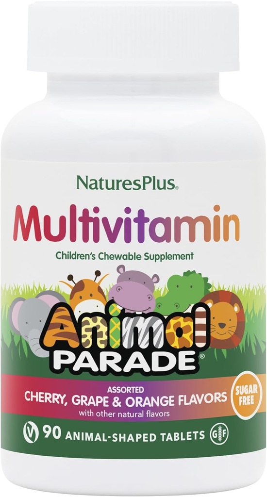 Natures Plus Animal Parade Sugar-Free Children's Multivitamin - Assorted Cherry, Grape & Orange Flavors - 90 Chewable Tabletler - 45 Toplam Hizmetler