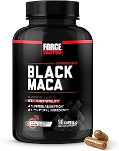 FORCE FACTOR Black Maca Root Supplement για άνδρες, 1000mg Maca Negra Extract για ενέργεια, ορμονική ισορροπία & ζωτικότητα, ανώτερη απορρόφηση με BioPerine, 90 κάψουλες
