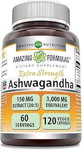 Amazing Formulas Ashwagandha Extract Supplement | 150 Mg Extract (20:1) | 3000 Mg | Veggie Capsules | Non-GMO | Gluten-Free | Made in USA (1 Pack | 120 Count)
